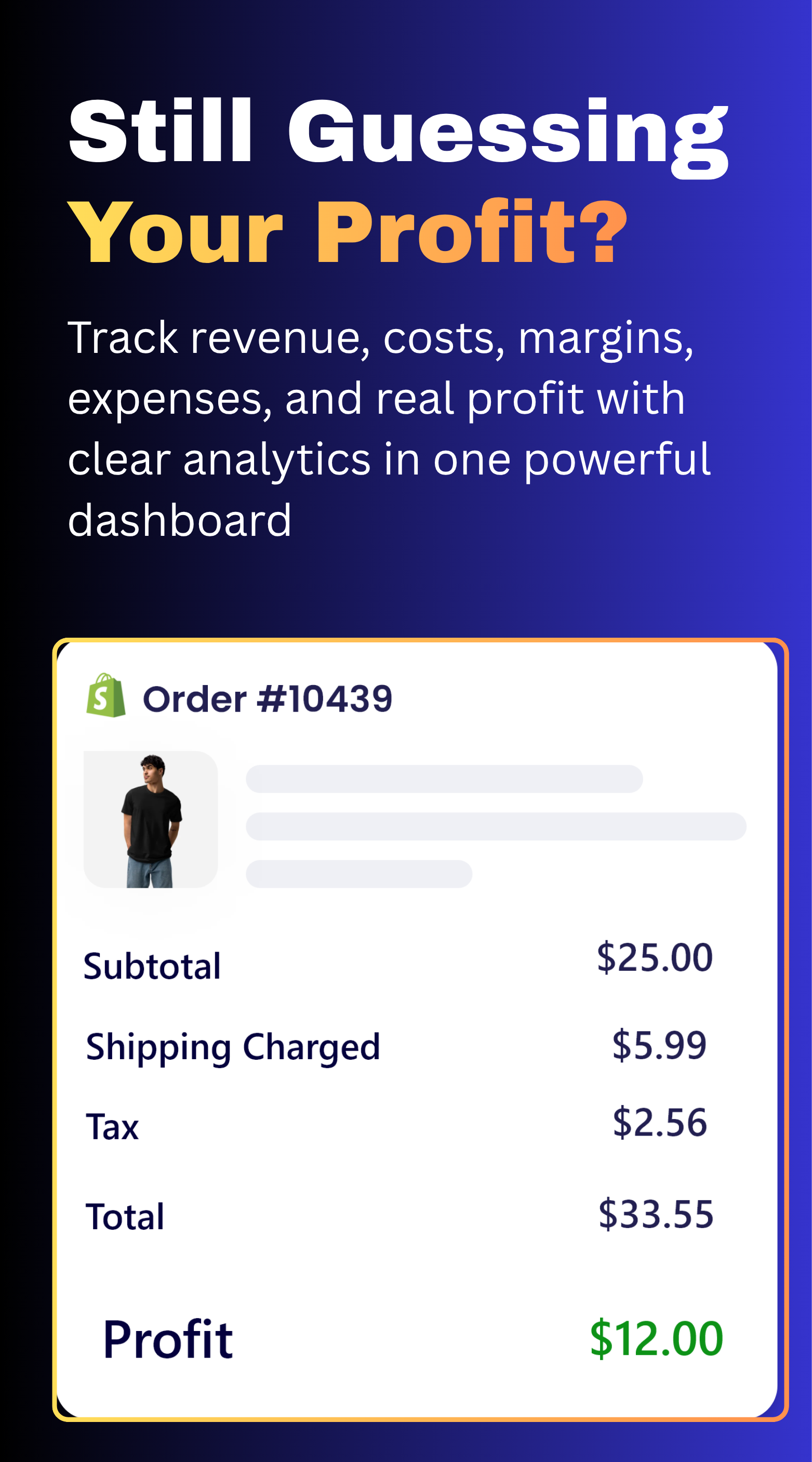 Syncost dashboard showing a Shopify order with subtotal, shipping, tax, total, and $12 profit. Banner promotes tracking revenue, costs, margins, expenses, and real profit from one analytics dashboard.