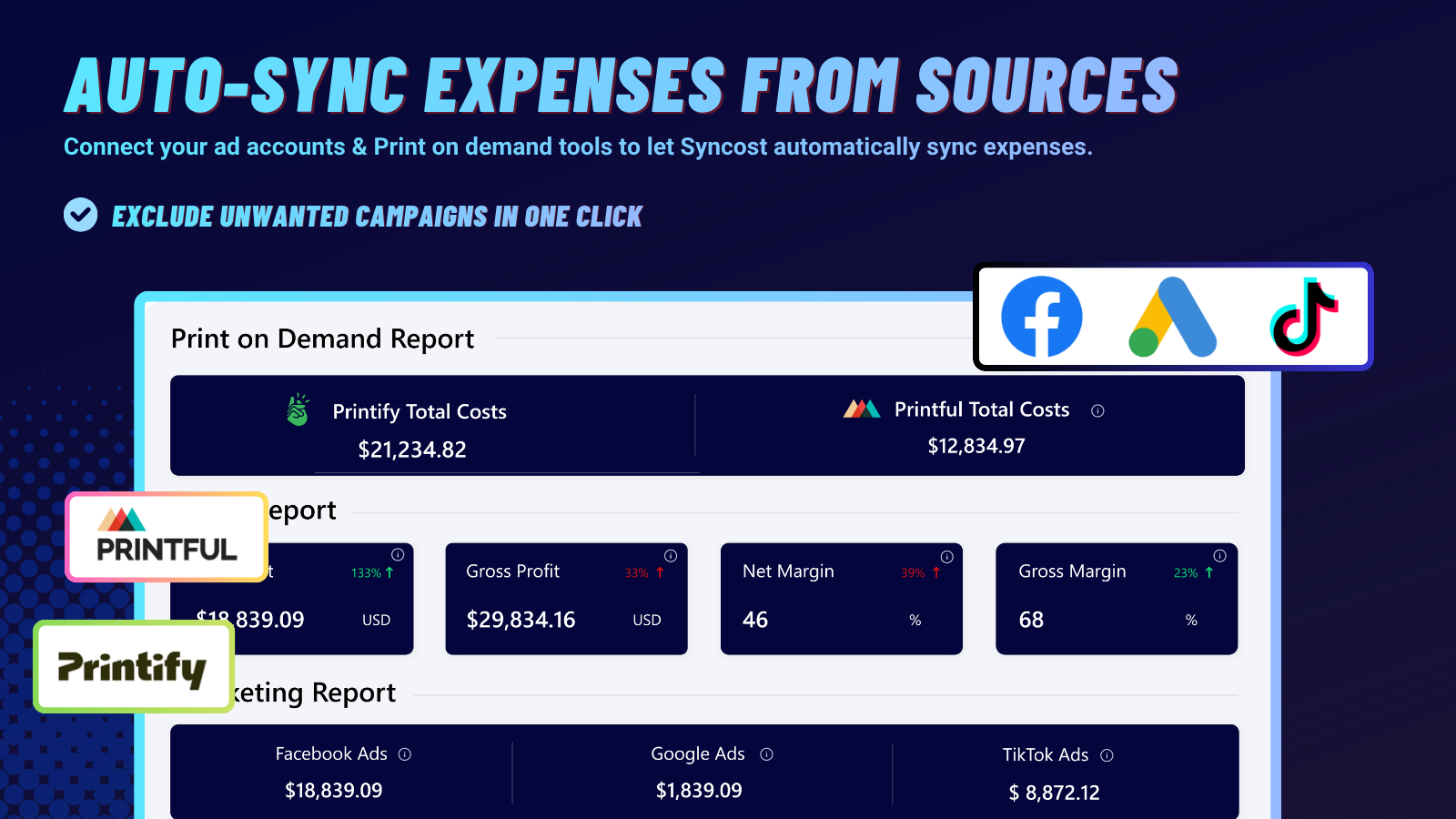 Sync Ads spend cost from Facebook, meta, google ads, and tiktok ads in one profit tracker for your shopify store